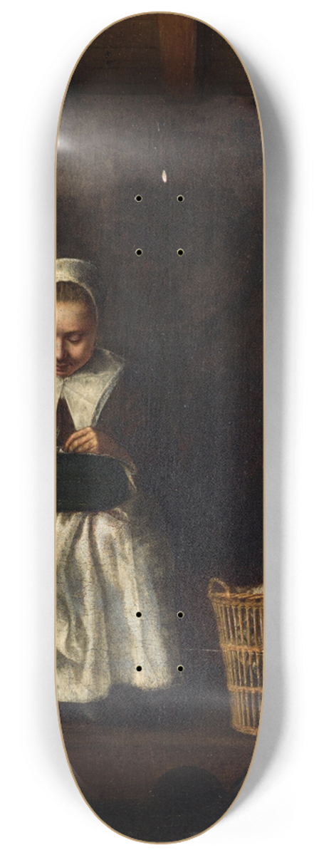 Nicolaes Maes - A Girl Sewing 8.25 inch art skate deck