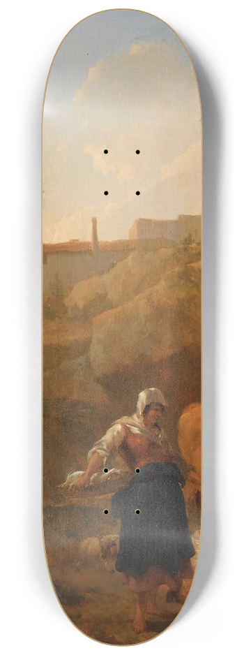Nicolaes Pietersz. Berchem - A Rocky Southern Landscape With Two Peasant Women And Their Flock And Cattle Halting Near A Stream 8.25 inch art skate deck