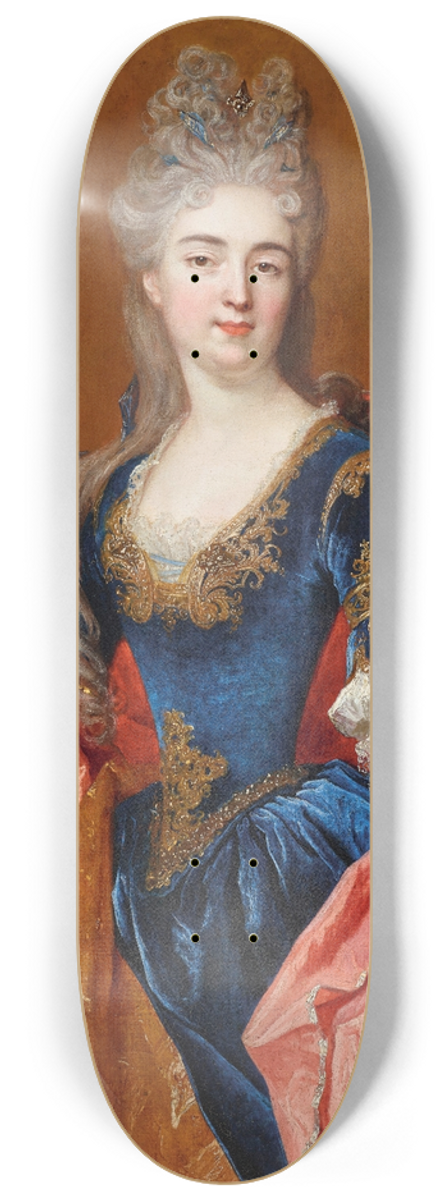 Nicolas de Largillire - Portrait of a lady, holding a peacock feather fan with her servant, holding a dog 8.25 inch art skate deck