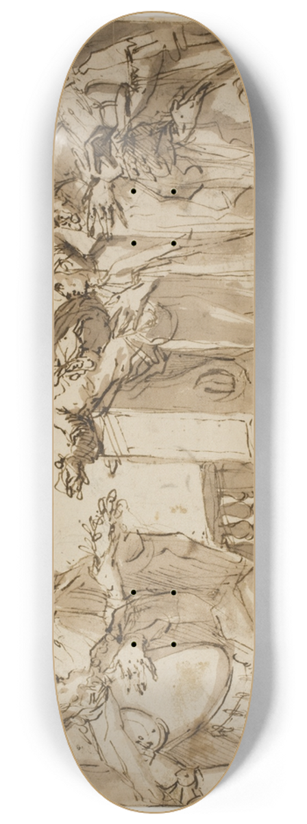 Antonio Aliense - Fire doger og en kappekldt mand med en dogehat i hnderne, med Bebudelsen i baggrunden 8.25 inch art skate deck