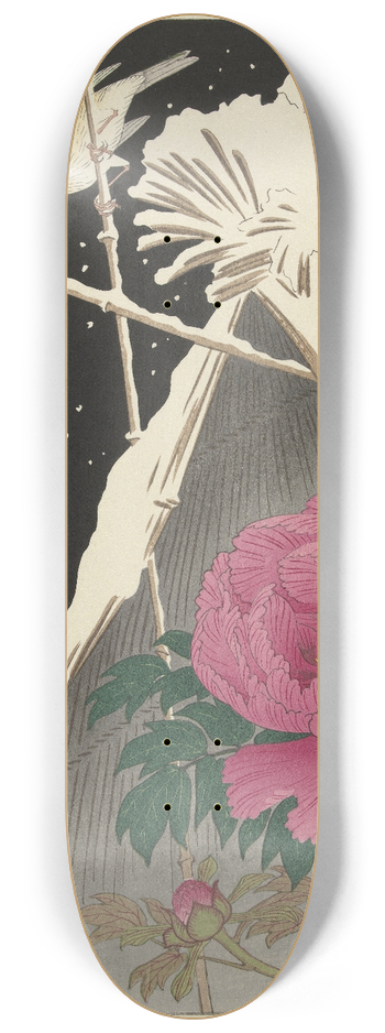 Ohara Koson - Siberian Bluechat next to a Peony sheltered by a Snowcovered Hay Sheaf 8.25 inch art skate deck