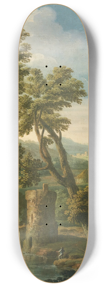 Paolo Anesi - An italianate river landscape with figures in the foreground breaking up a tree, fishermen and mountains beyond 8.25 inch art skate deck