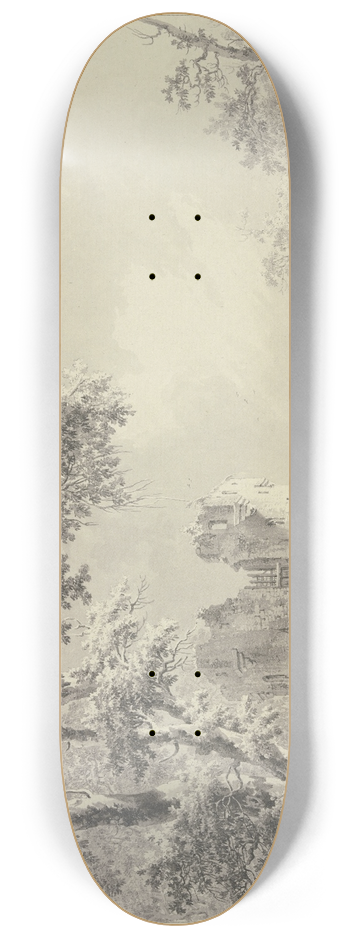 Paulus van Liender - Links eine Turmruine am Wasser, rechts eine Brcke, vorne zwei Fischer bei einem Netz 8.25 inch art skate deck