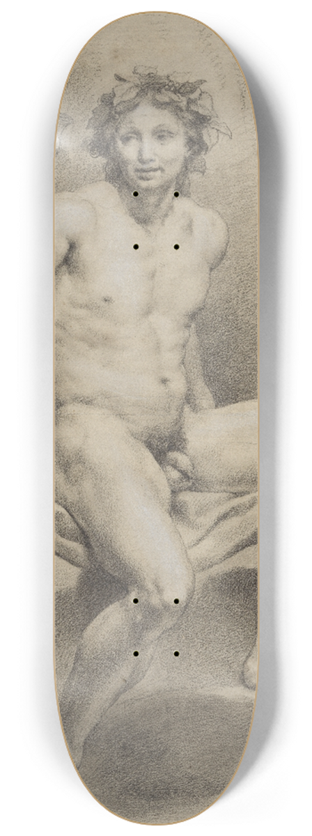 Anton Raphael Mengs - Sitzender mnnlicher Akt, schrg nach rechts, mit Weinlaubkranz und Trinkschale in der Rechten 8.25 inch art skate deck