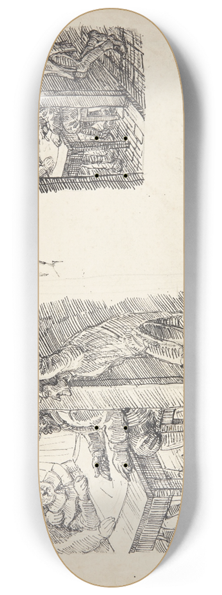 Peter Hansen - To udkast til prsten Hans Madsen, der ophngt ved tommelfingrene lytter til Fjendens rdslagning 8.25 inch art skate deck