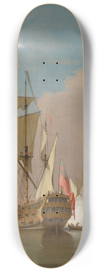 Peter Monamy - A Royal Navy 46-gun Man-o-war firing a salute in a calm sea 8.25 inch art skate deck