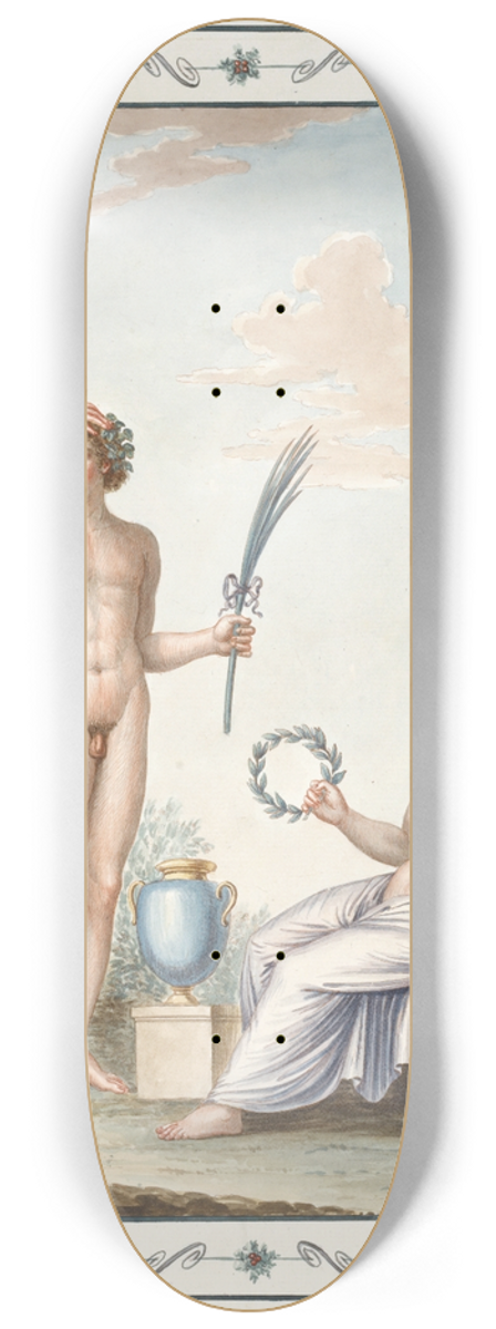 Pierre-Jean Mariette - Nude youth holding palm branch, partially nude woman holding wreath. 8.25 inch art skate deck