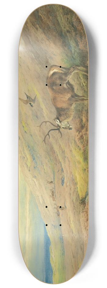 Archibald Thorburn - In The Highlands, Red Stag Mobbed By A Pair Of Peregrines 8.25 inch art skate deck