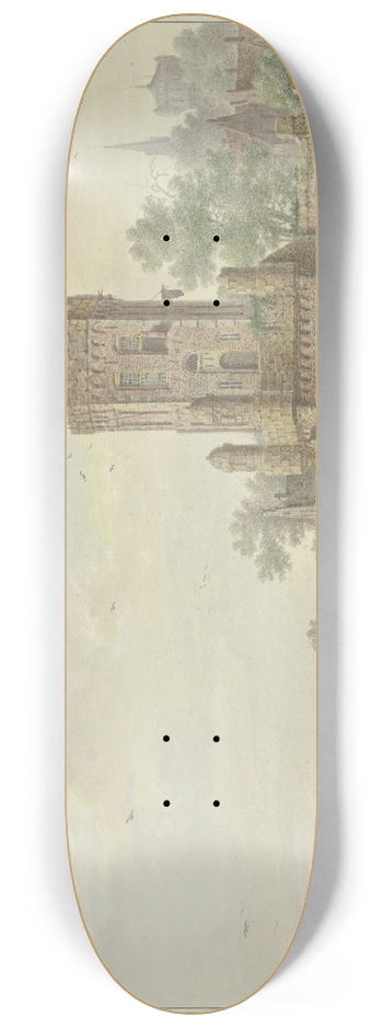 Pieter Bartholomeusz. Barbiers - Stadt mit einem alten Turm am Wasser, vorne eine Frau bei einem Knaben mit zwei Schafen 8.25 inch art skate deck