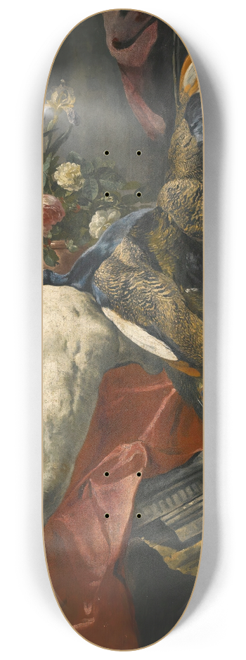 Pieter Boel - Still Life Of Peonies, Roses And Other Flowers In A Terracotta Vase, Together With A Swan, Peacock And Boars Head, Resting On A Red Drape And An Antique Architectural Fragment 8.25 inch art skate deck