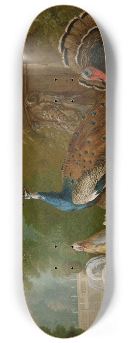 Pieter Casteels III - A peacock, turkey, cockerel, hen, pigeons, other birds and rabbits in a park landscape 8.25 inch art skate deck