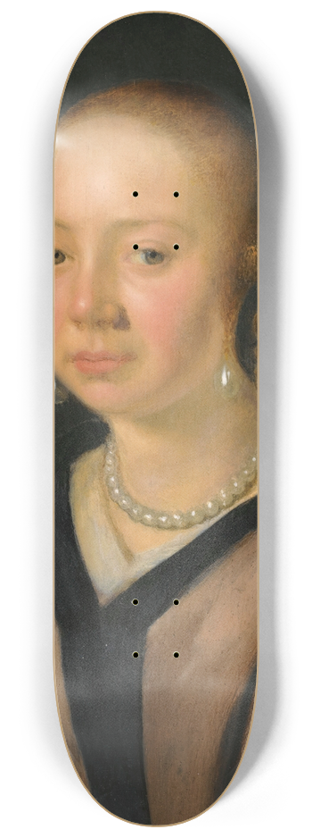 Pieter Cornelisz van Slingelandt - Portrait Of A Lady, Head And Shoulders, Wearing Pearl Earrings And A Necklace 8.25 inch art skate deck