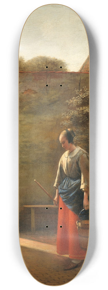 Pieter De Hooch - A maid with a bucket in a backyard 8.25 inch art skate deck