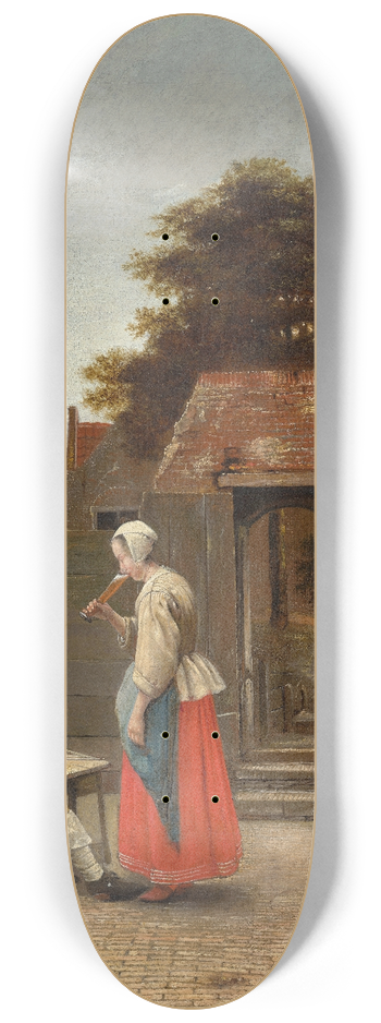 Pieter De Hooch - A Man Smoking and a Woman Drinking in a Courtyard 8.25 inch art skate deck