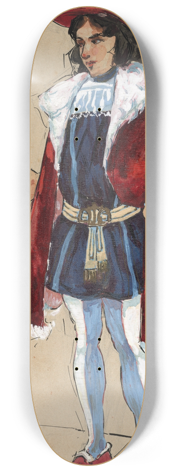 Plinio Codognato - A man stands with a finger pointed, wearing a red hat, blue doublet and hose and a red overgarment 8.25 inch art skate deck