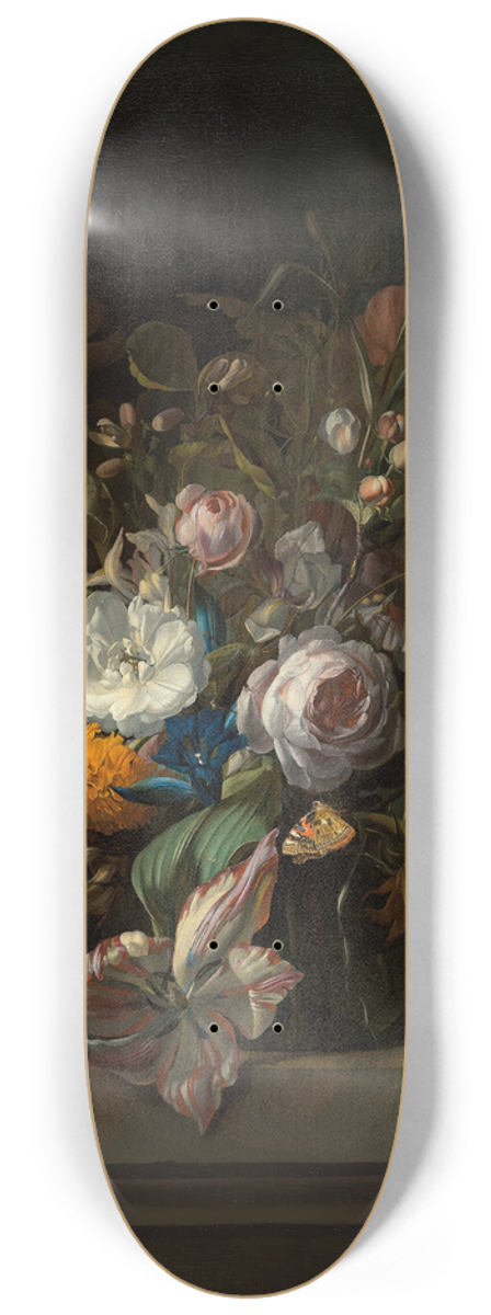 Rachel Ruysch - Tulips, rose, honeysuckle, apple blossom, poppies and other flowers in a glass vase, with a butterfly, on a marble ledge 8.25 inch art skate deck