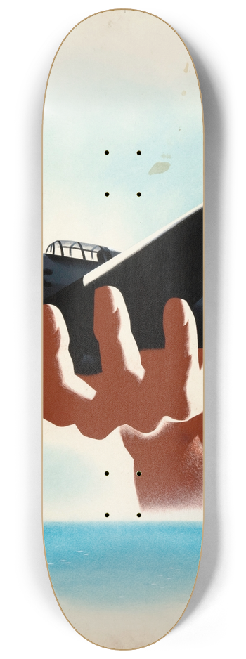 Reginald Mount  - Aeroplane in hand, with wrist emerging from sea horizon 8.25 inch art skate deck