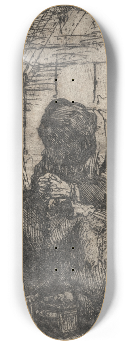 Rembrandt van Rijn - Old Woman seated in a Cottage with a String of Onions on the Wall 8.25 inch art skate deck