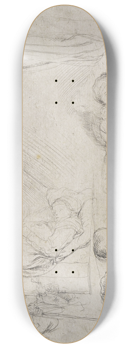 Rembrandt van Rijn - Sheet of Studies (with a woman lying ill in bed) 8.25 inch art skate deck