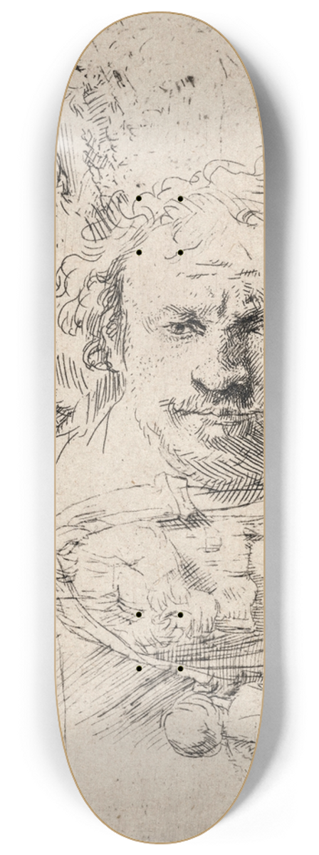 Rembrandt van Rijn - Sheet of Studies with the Head of the Artist, a Beggar Man, Woman and Child 8.25 inch art skate deck