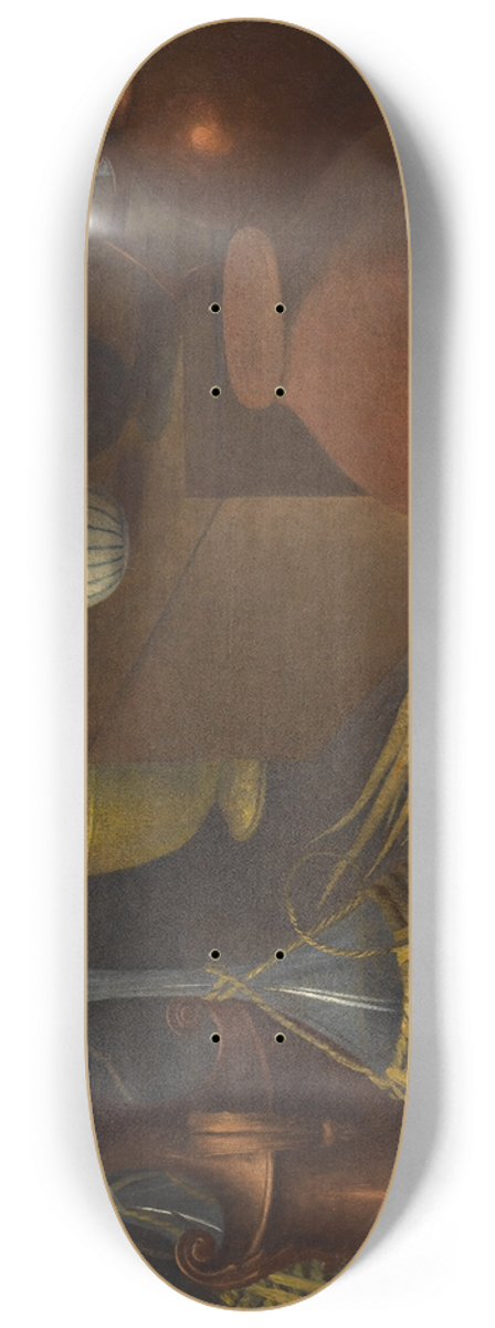 Rodolfo Lodi - A Still Life With Two Wicker Covered Glass Bottles, An Upturned Terracotta Pot, A Selection Of Other Vessels And A Bunch Of Carrots. 8.25 inch art skate deck