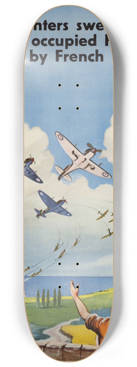 Roland Davies - British Fighters Sweep Hourly Across Occupied France, Cheered by French Peasants 8.25 inch art skate deck