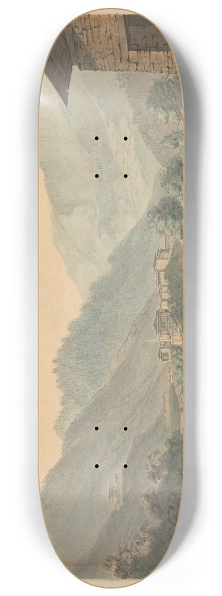 Samuel Davis - Mountainous Scene with Buildings and River 8.25 inch art skate deck