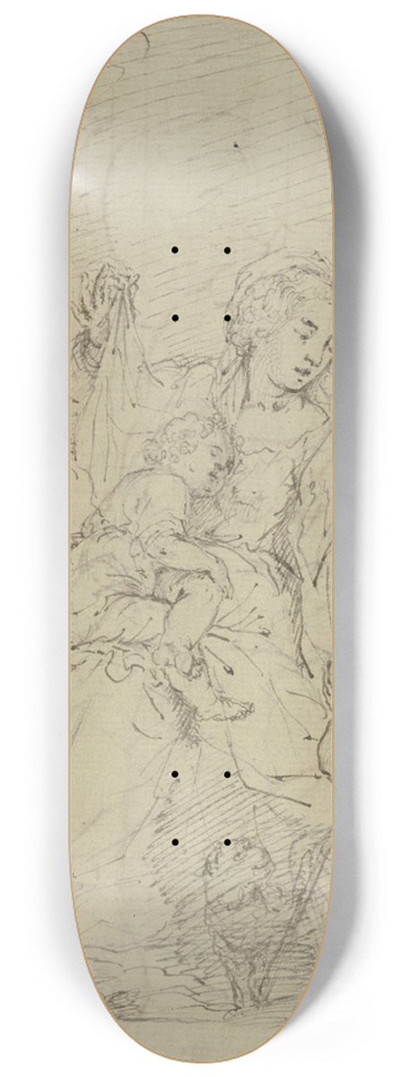 Simone Cantarini - Die Heilige Familie, der Heilige Joseph liest in einem Buch, der Johannesknabe betet das Jesuskind an 8.25 inch art skate deck