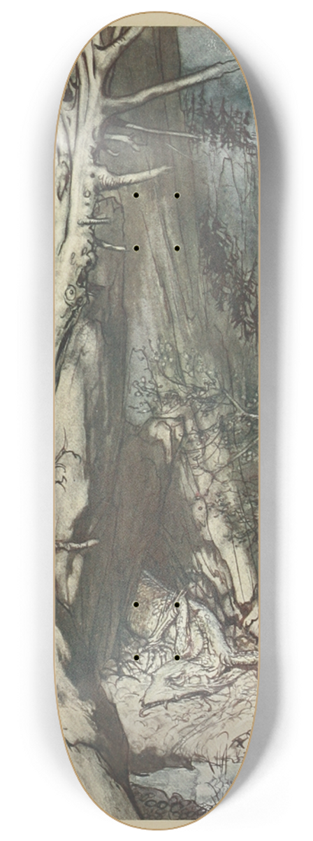 Arthur Rackham - There as a dread Dragon he sojourns, and in a cave keeps watch over Alberichs ring 8.25 inch art skate deck