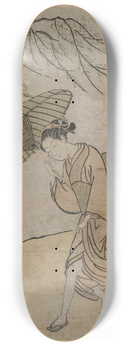 Suzuki Harunobu - Woman Running Past a Willow Tree in a Breeze 8.25 inch art skate deck