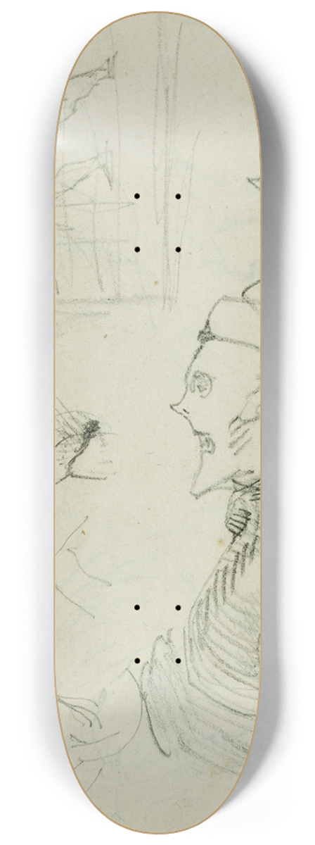 Thodore Gricault - Studies of lion, compositional group figure study, two caricature head studies 8.25 inch art skate deck