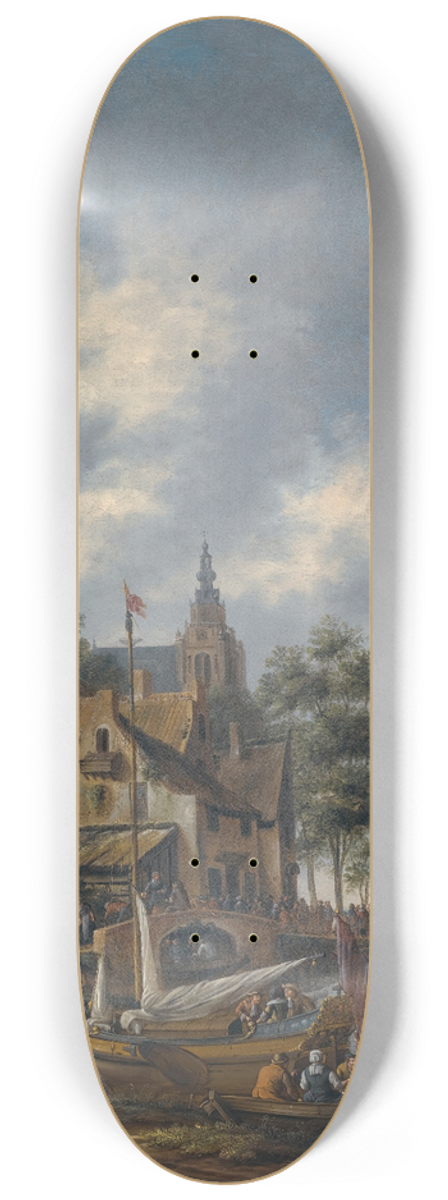 Thomas Heeremans - A Town On The Banks Of A River With Figures At The Waterside 8.25 inch art skate deck