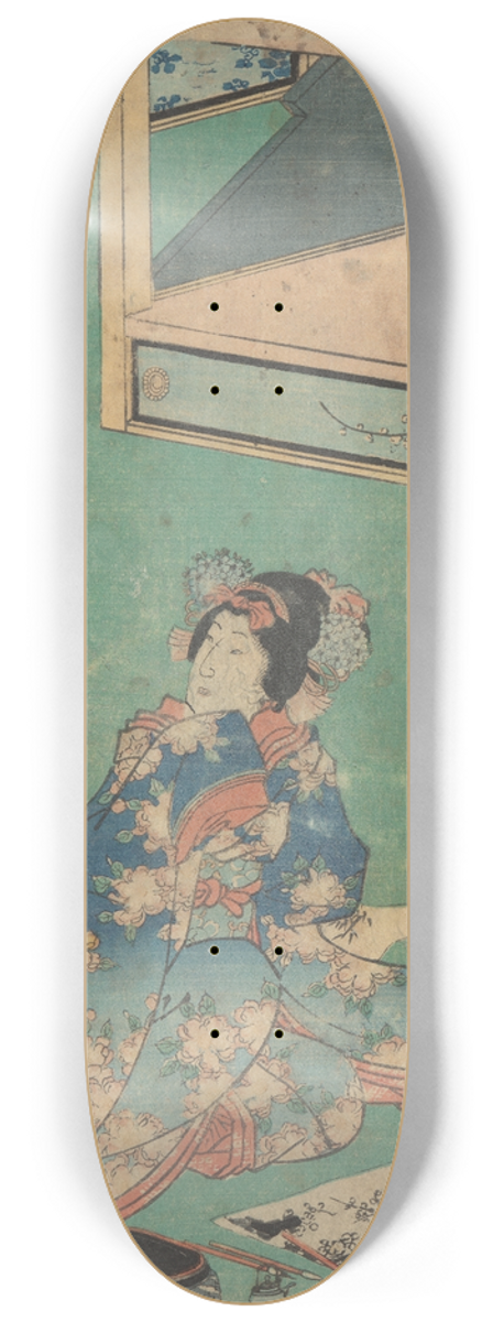Toyokuni Utagawa - Woman in kimono of blue shaded as a background for elaborate embroidery of pink peonies 8.25 inch art skate deck
