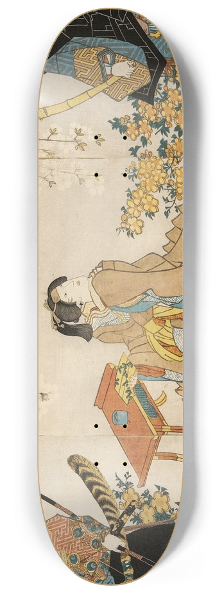 Utagawa Kunisada (Toyokuni III) - Actors in the Roles of Shimada Shigesabur, Kugy ama jitsuwa Takao and Sakingo Yorikane under Cherry Blossoms 8.25 inch art skate deck