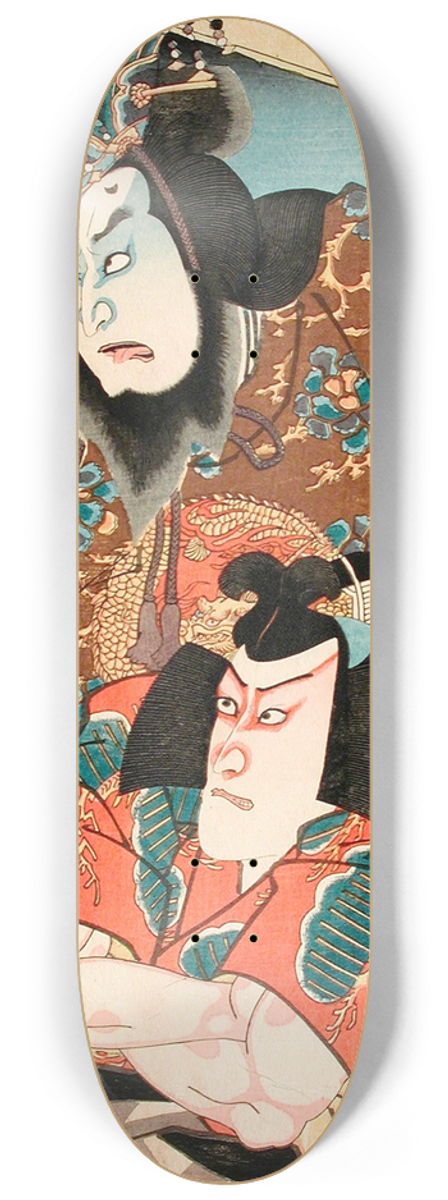 Utagawa Kunisada (Toyokuni III) - Fujiwara no Tokihira and Toneri Matsumaru from the Play Sugawara Denj Tenarai Kagami 8.25 inch art skate deck