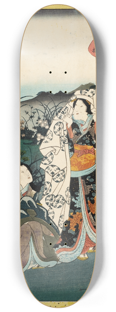 Utagawa Kunisada (Toyokuni III) - Murasaki Shikibu in Hiding, from the Tale of Genji chapter, Night Plum 8.25 inch art skate deck