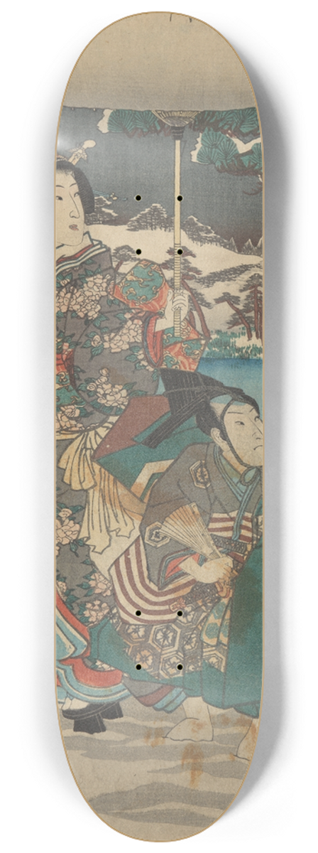 Utagawa Kunisada (Toyokuni III) - Woman and Male Servant in Snow, (Woman holding white umbrella) 8.25 inch art skate deck