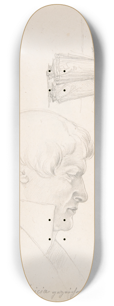 August Ferdinand Hopfgarten - Study Sheet with a Portrait of Carl Julius Senff and Two Italian Women Walking 8.25 inch art skate deck