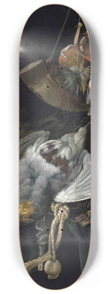Willem van Aelst - A Partridge, A Pheasant, A Hunting Bag And Traps On A Partially Draped Ledge, Songbirds, A Hunting Horn And Hawking Hoods Hanging Above 8.25 inch art skate deck