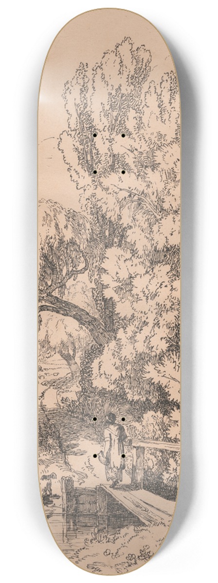 William Havell - Landscape with Trees, Girl Crossing Footbridge 8.25 inch art skate deck