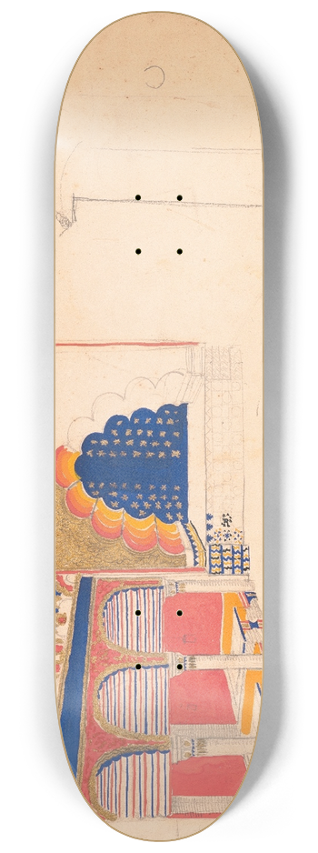 Winold Reiss - Design drawing for a restaurant (Madrillon Restaurant), Washington, D.C.] [Interior perspective of arcade and stage 8.25 inch art skate deck