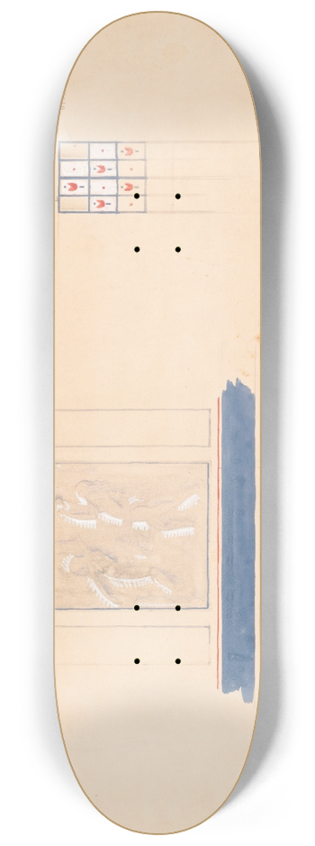 Winold Reiss - Design for unidentified restaurant interior in blue and vermillion with mural featuring 2 female nudes and panel with tulip inserts.] [Drawing for Dining Room 8.25 inch art skate deck