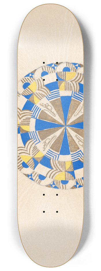 Winold Reiss - Graphic design drawings for Barricini Candy packages.] [Study, wheel pattern lid design in blue, yellow, and gold 8.25 inch art skate deck