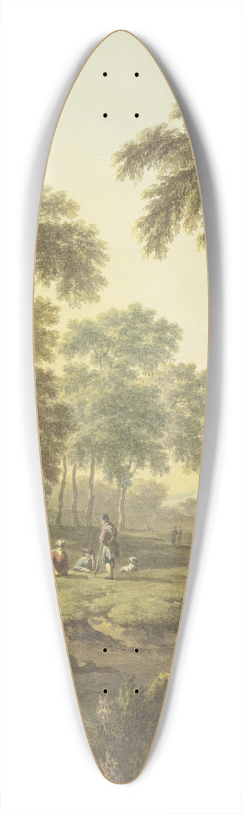 Abraham Teerlink - Waldwiese mit Wasser, auf dem Weg ein Reiter auf einem Schimmel, dabei einige ruhende Leute mit einem Hund 39.3 inch art pintail longboard deck