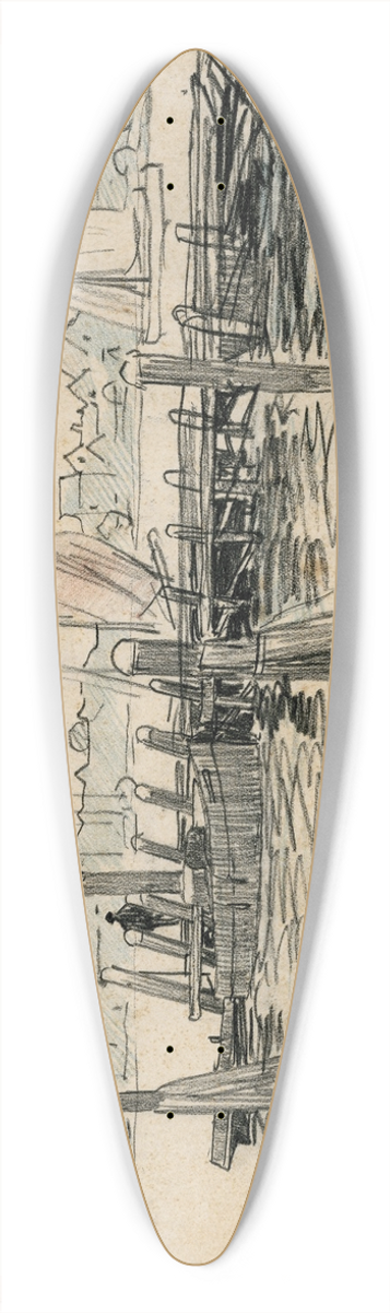 Adolf le Comte - Dorp aan rivier met aanlegsteiger 39.3 inch art pintail longboard deck