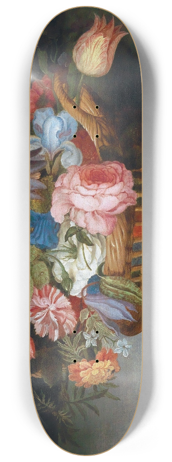 Balthasar van der Ast - Roses, Tulips, Irises And Other Flowers In A Wicker Basket, With Fruit And Insects On A Ledge 8.25 inch art skate deck
