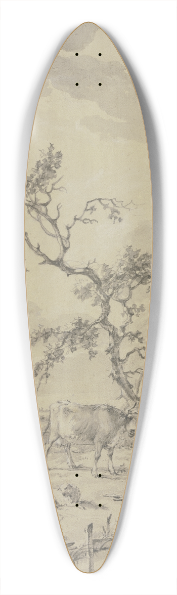 Adrianus de Visser - Hirtenknabe mit Rindern, Schafen und Ziegen bei einem drren und einem abgestorbenen Baum, im Hintergrund Ruinen, ein Turm und eine Kirche 39.3 inch art pintail longboard deck