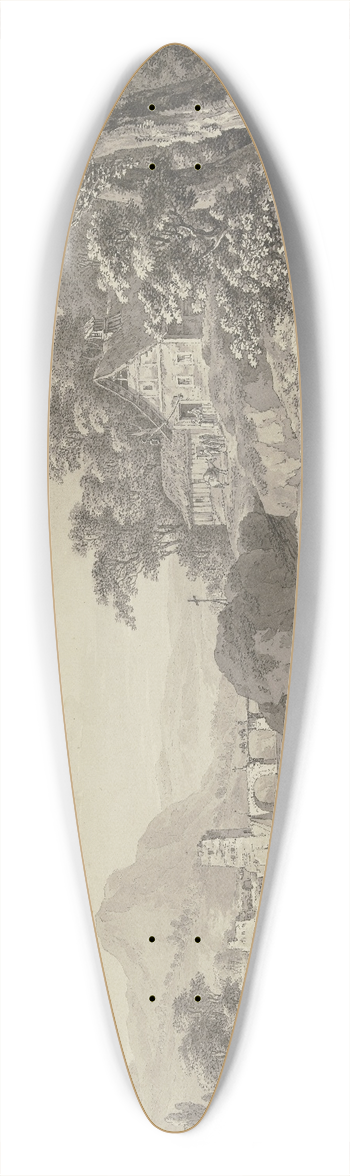 Adrian Zingg - Flulandschaft mit einer alten Brcke mit Turm, rechts ein Wirtshaus unter Bumen an einem Hohlweg, auf dem ein Bauer mit seinem Planwagen fhrt 39.3 inch art pintail longboard deck