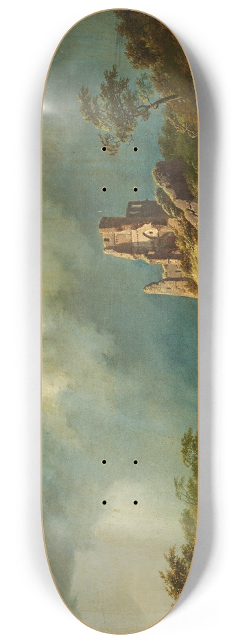Barend Cornelis Koekkoek - Travellers passing a ruined castle in a stormy landscape 8.25 inch art skate deck