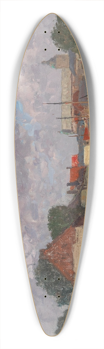 Alfred Zoff - A Canal with Boats before a Town 39.3 inch art pintail longboard deck